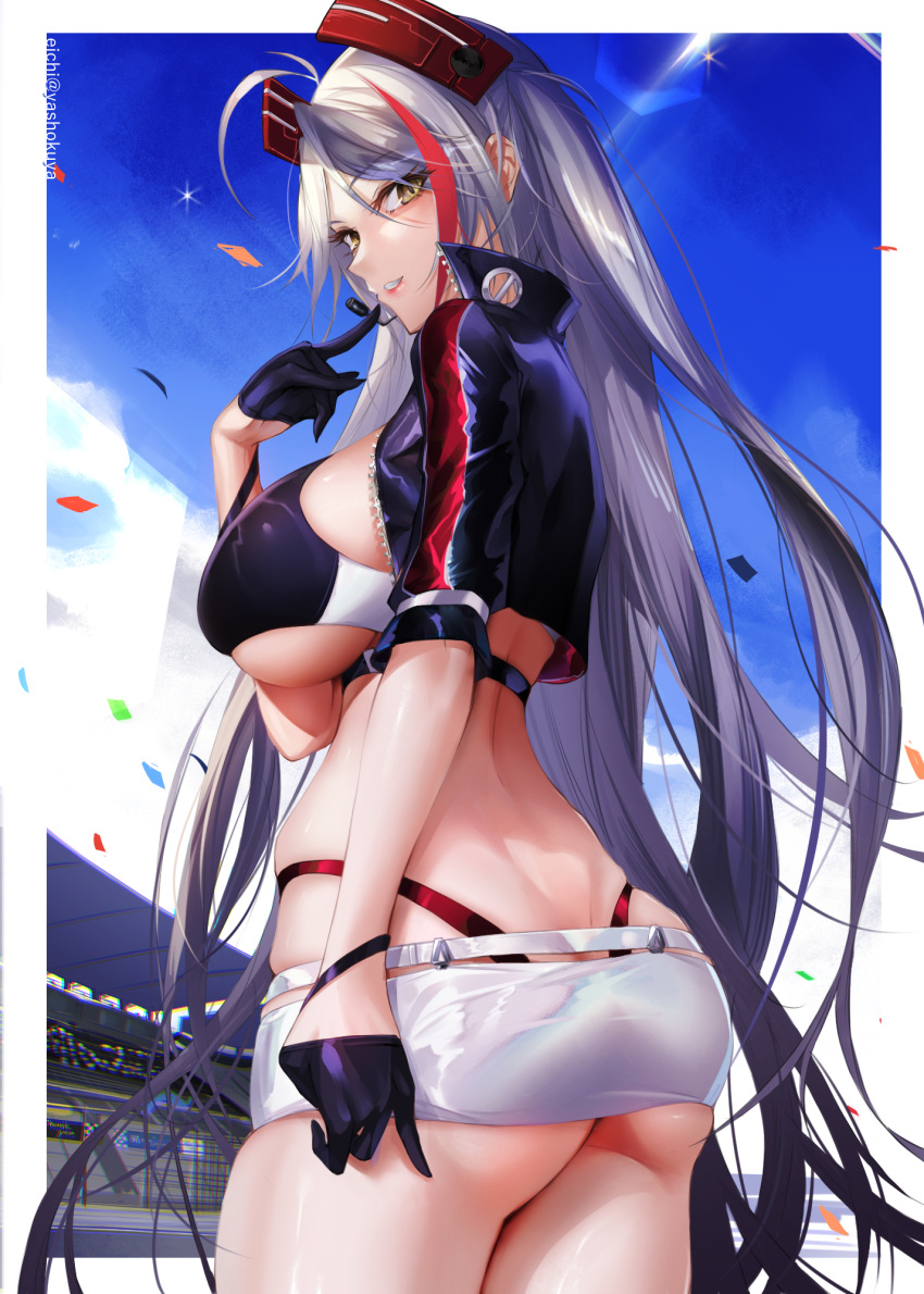 1girl ahoge ass azur_lane blue_sky border breasts clothing_cutout confetti cropped_jacket cropped_shirt eichi gloves half_gloves headgear highres large_breasts long_hair multicolored_hair official_alternate_costume outdoors panties panty_straps prinz_eugen_(azur_lane) prinz_eugen_(final_lap)_(azur_lane) racequeen racetrack red_panties silver_hair sky streaked_hair thighs under_boob underboob_cutout underwear very_long_hair white_border yellow_eyes