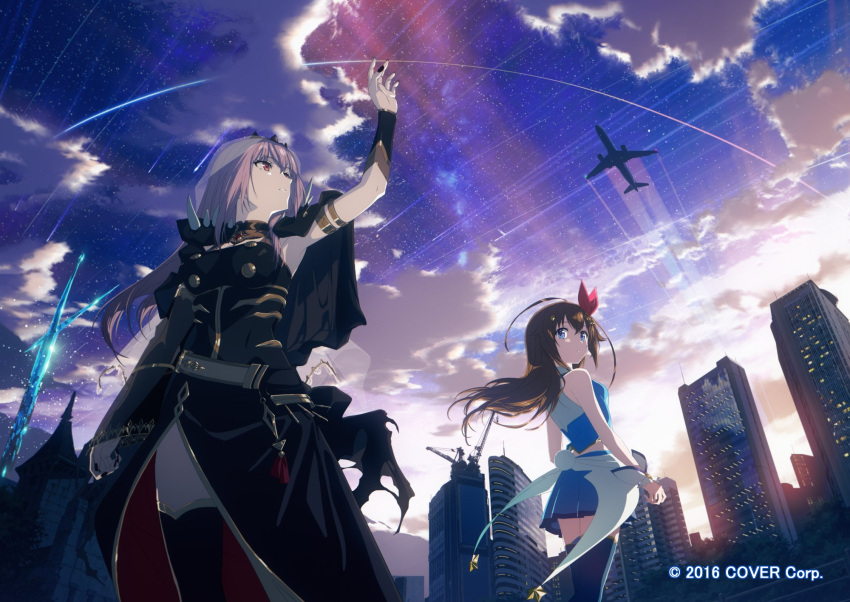 2girls ahoge aircraft airplane arm_up armlet belt black_cloak black_dress black_legwear black_nails blue_eyes blue_legwear blue_skirt blue_sky blue_vest breasts brown_hair building buttons city cloak clouds cloudy_sky commentary contrail cowboy_shot crane_(machine) dawn double-breasted dress eyebrows_visible_through_hair floating_hair gold_trim hair_between_eyes hair_ornament hair_ribbon highres hololive hololive_alternative hololive_english light_rays long_hair looking_at_viewer looking_back looking_up medium_breasts midriff miniskirt mori_calliope multiple_girls nail_polish official_art outdoors oversized_object parted_lips pink_eyes pink_hair pleated_skirt ribbon shooting_star side_slit skirt sky skyscraper sleeveless sleeveless_dress spikes standing star_(sky) star_(symbol) star_hair_ornament starry_sky sunlight sword thigh-highs tiara tokino_sora vambraces veil vest virtual_youtuber watermark weapon wind wind_lift yamada_yuukei zettai_ryouiki