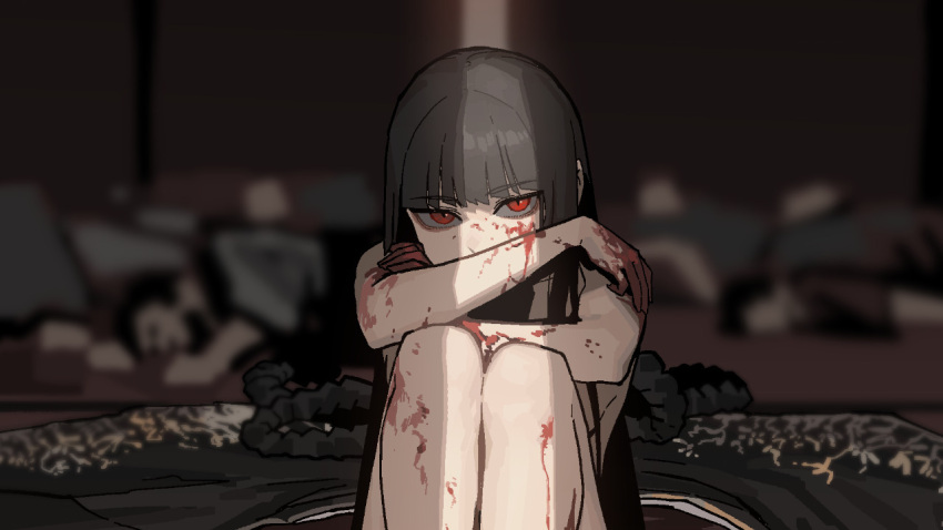 1girl black_hair blood blood_on_face blood_on_hands blood_splatter corpse death gogalking legs_together long_hair looking_at_viewer original red_eyes sitting slit_pupils solo