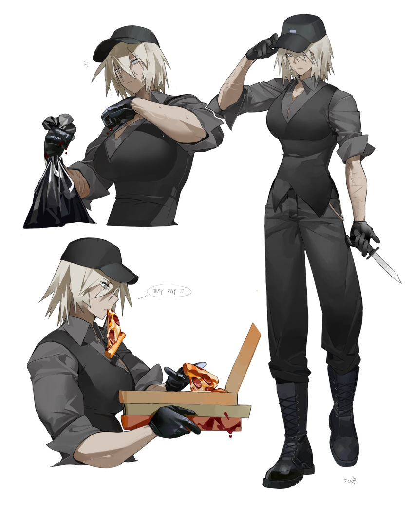 1girl black_footwear black_gloves black_headwear blonde_hair blood boots breasts collared_shirt combat_boots cross-laced_footwear dog_(knifedragon) dress_shirt food gloves grey_eyes grey_pants grey_shirt grey_vest hat highres knife knifedragon lace-up_boots medium_hair multiple_views original pants pants_tucked_in pizza pizza_box pizza_slice scar scar_on_arm shirt sleeves_rolled_up solo trash_bag vest white_background