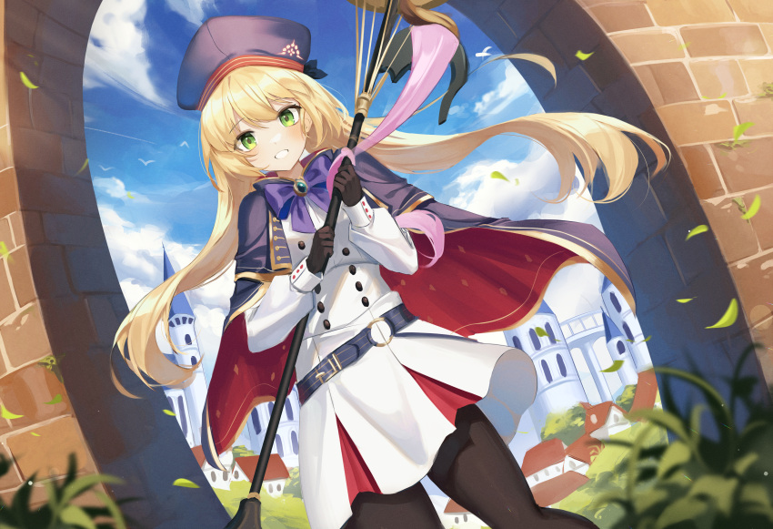 1girl absurdres artoria_pendragon_(caster)_(fate) artoria_pendragon_(fate) bangs belt black_gloves black_legwear blonde_hair blue_belt blue_bow blue_cape blue_headwear blue_sky blush bow bowtie buttons cape castle clouds commentary_request day dress eyebrows_visible_through_hair fate/grand_order fate_(series) floating_hair gloves gold_trim green_eyes grin hair_between_eyes hat highres holding holding_staff holding_weapon kyo_(maae00) leaf long_hair long_sleeves looking_at_viewer outdoors pantyhose plant red_cape sky smile solo staff teeth twintails two-tone_cape very_long_hair weapon white_dress