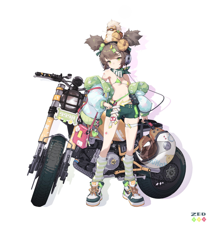 1girl absurdres animal_on_head artist_name bag bandaid bandaid_on_shoulder bikini bikini_top breasts brown_hair contrapposto expressionless full_body green_bikini green_eyes green_footwear green_jacket green_legwear green_scarf green_shorts ground_vehicle hair_ornament headphones helmet highres jacket looking_at_viewer motor_vehicle motorcycle motorcycle_helmet multicolored_bikini multicolored_clothes off_shoulder on_head original scarf shoes short_shorts shorts shoulder_bag simple_background small_breasts socks solo striped striped_legwear swimsuit twintails white_background yellow_bikini zhanghengczkd