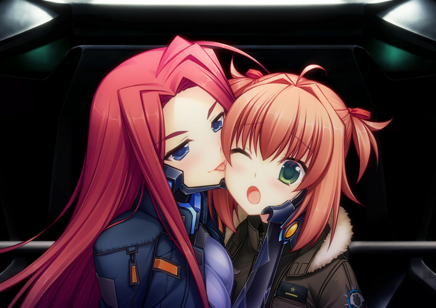 2girls artist_request bangs blue_eyes blue_jacket blush brown_jacket eyebrows_visible_through_hair fortified_suit fur_trim game_cg green_eyes hair_intakes highres jacket jacket_on_shoulders licking licking_another's_cheek licking_another's_face long_hair miono_shizuku multiple_girls muvluv muvluv_alternative muvluv_unlimited:_the_day_after official_art one_eye_closed oogami_ritsuko pilot_suit pink_hair redhead short_hair smile surprised two_side_up