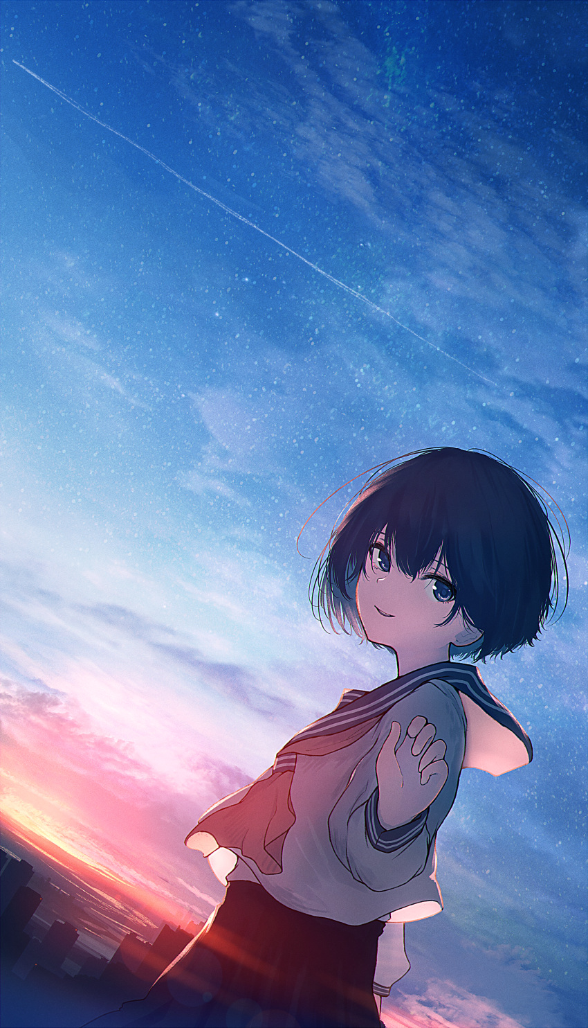 1girl absurdres bangs black_eyes black_hair blue_sailor_collar blue_sky bob_cut breasts clouds commentary contrail dutch_angle hair_ornament hand_up highres long_sleeves looking_at_viewer mifuru neckerchief original outdoors parted_lips reaching_out red_neckerchief sailor_collar scenery school_uniform serafuku shirt short_hair sky sleeve_cuffs small_breasts smile solo star_(sky) starry_sky sunset upper_body white_shirt