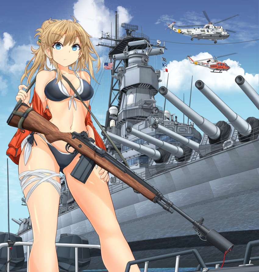 1girl absurdres aircraft american_flag bangs battle_rifle battleship bikini black_bikini blonde_hair blue_eyes blue_sky breasts carrying closed_mouth clouds cloudy_sky day eyebrows_visible_through_hair folded_ponytail front-tie_bikini front-tie_top gun hand_on_own_thigh helicopter highres jacket light_frown m14 medium_breasts medium_hair mikeran_(mikelan) military military_vehicle motion_blur multi-strapped_bikini navel ocean off_shoulder open_clothes open_jacket original outdoors red_jacket rifle ship side-tie_bikini sky sling smoke solo suppressor swimsuit thigh_strap united_states_navy vehicle_request warship watercraft weapon