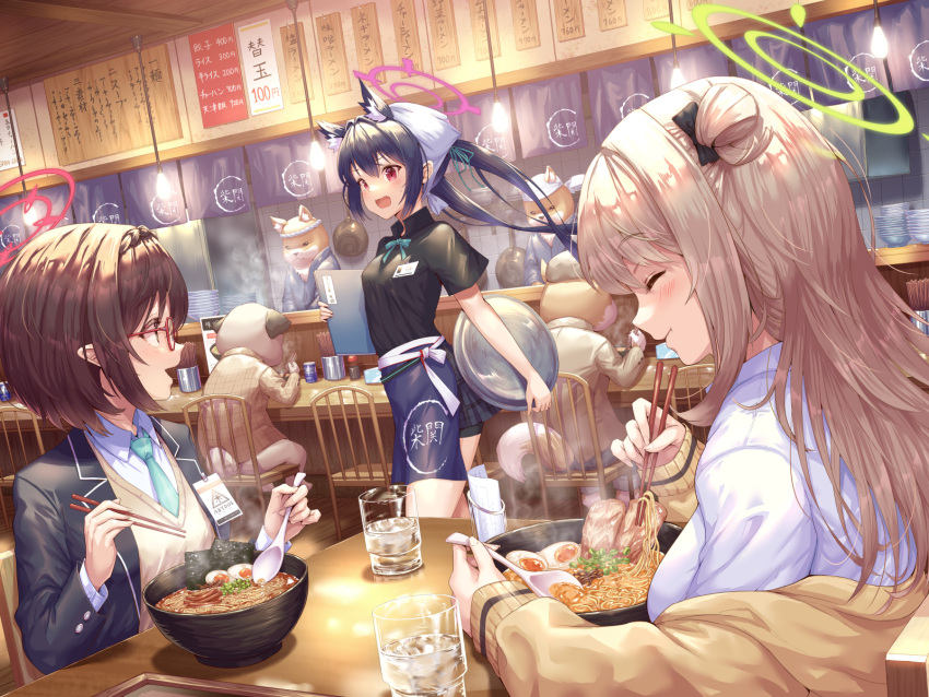 3girls animal_ears apron aqua_bow aqua_bowtie aqua_necktie ayane_(blue_archive) bangs black_hair black_jacket black_shirt black_skirt blazer blonde_hair blue_archive bow bowl bowtie breasts brown_hair cat_ears chair chopsticks closed_eyes collared_shirt commentary_request crowd egg eyebrows_visible_through_hair food glass glasses halo head_scarf highres hirokazu_(analysis-depth) holding holding_chopsticks holding_tray jacket long_hair looking_at_another menu_board multiple_girls name_tag necktie nonomi_(blue_archive) noodles off_shoulder open_mouth pleated_skirt red_eyes restaurant revision serika_(blue_archive) shirt short_hair sitting skirt spoon standing table tray twintails vest waist_apron white_headwear white_shirt yellow_jacket yellow_vest