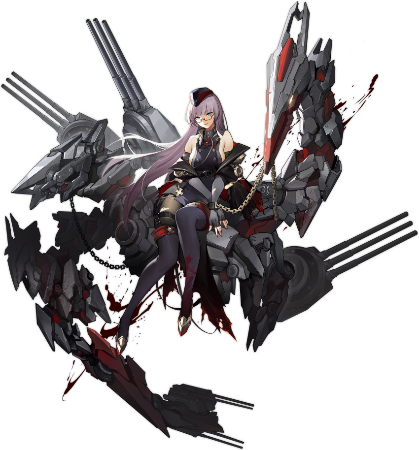 1girl artist_request azur_lane bare_shoulders black_headwear blood blood_stain blue_eyes boots breasts chain fingerless_gloves glasses gloves gneisenau_(azur_lane) gneisenau_(meta)_(azur_lane) hat highres large_breasts long_hair looking_at_viewer machinery nail_polish official_art pantyhose parted_lips pink_hair rigging sideboob sitting thigh-highs thigh_boots thigh_strap transparent_background turret