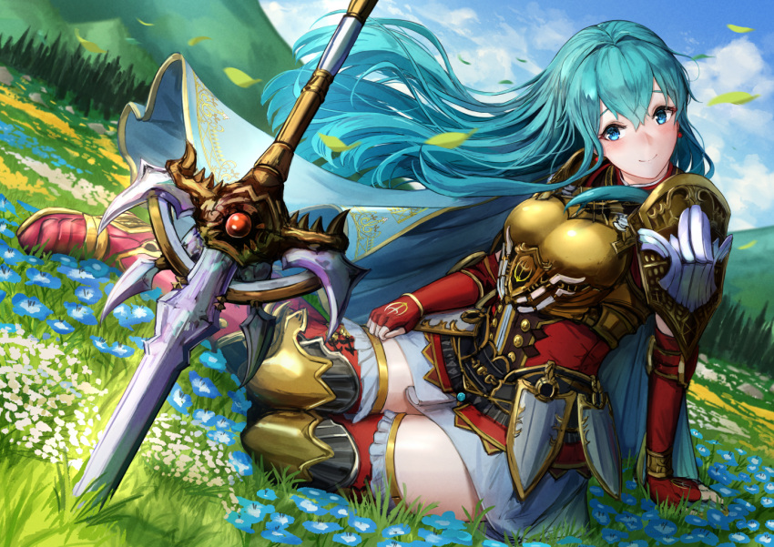 1girl aqua_hair armor armored_boots blue_eyes blush boots breastplate clouds day earrings eirika_(fire_emblem) elbow_gloves fingerless_gloves fire_emblem fire_emblem:_the_sacred_stones fire_emblem_heroes gloves grass ippers jewelry leaf leaves_in_wind long_hair looking_at_viewer mountainous_horizon official_alternate_costume outdoors planted planted_sword red_footwear red_gloves seiza sitting skirt sky smile solo sword weapon white_skirt wind yokozuwari