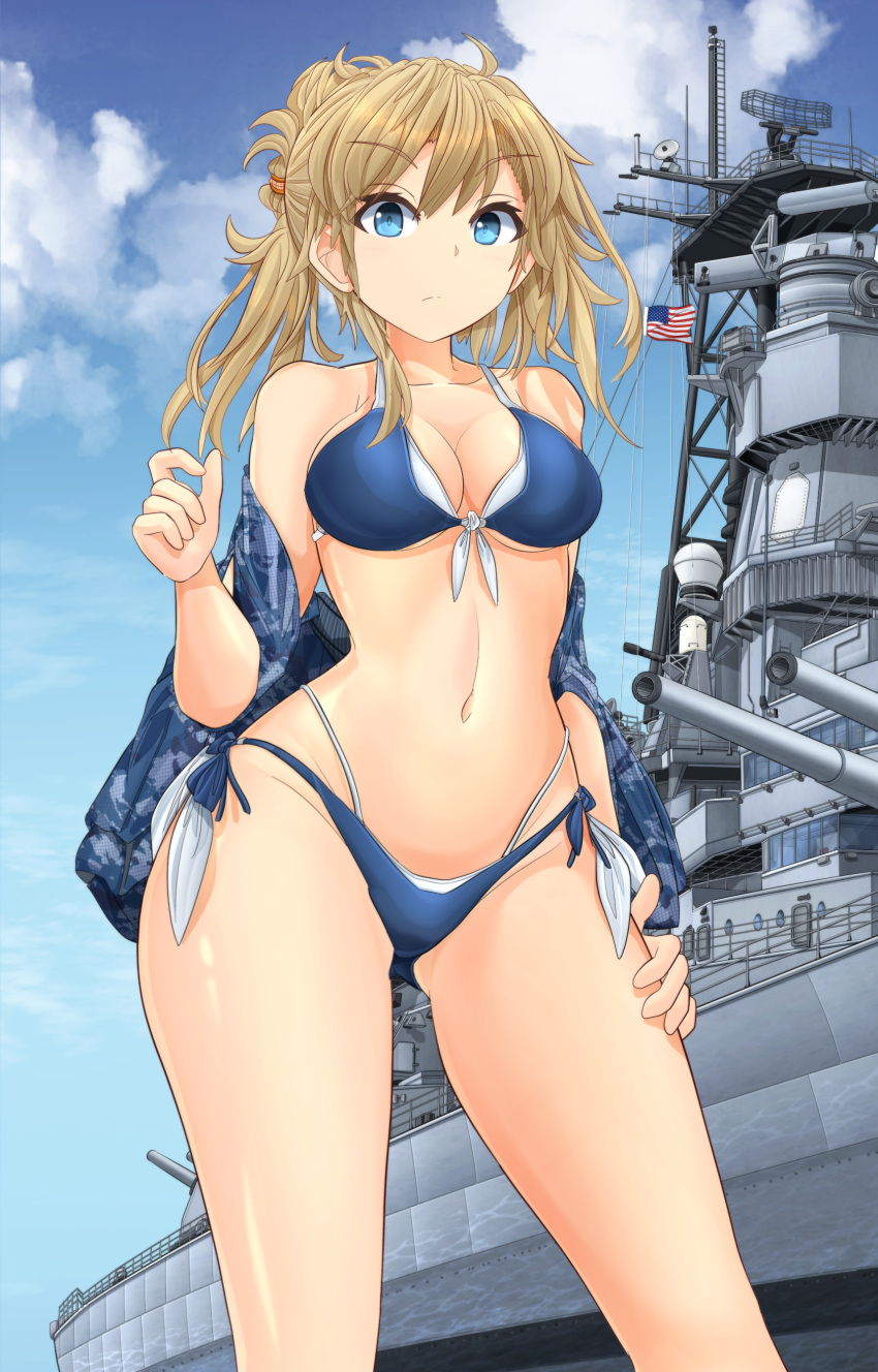 1girl absurdres american_flag bangs battleship bikini blonde_hair blue_bikini blue_eyes blue_jacket blue_sky breasts camouflage camouflage_jacket closed_mouth clouds cloudy_sky day eyebrows_visible_through_hair folded_ponytail front-tie_bikini front-tie_top hand_on_own_thigh highres jacket light_frown medium_breasts medium_hair mikeran_(mikelan) military military_vehicle motion_blur multi-strapped_bikini navel ocean off_shoulder open_clothes open_jacket original outdoors ship side-tie_bikini sky smoke solo swimsuit united_states_navy vehicle_request warship watercraft