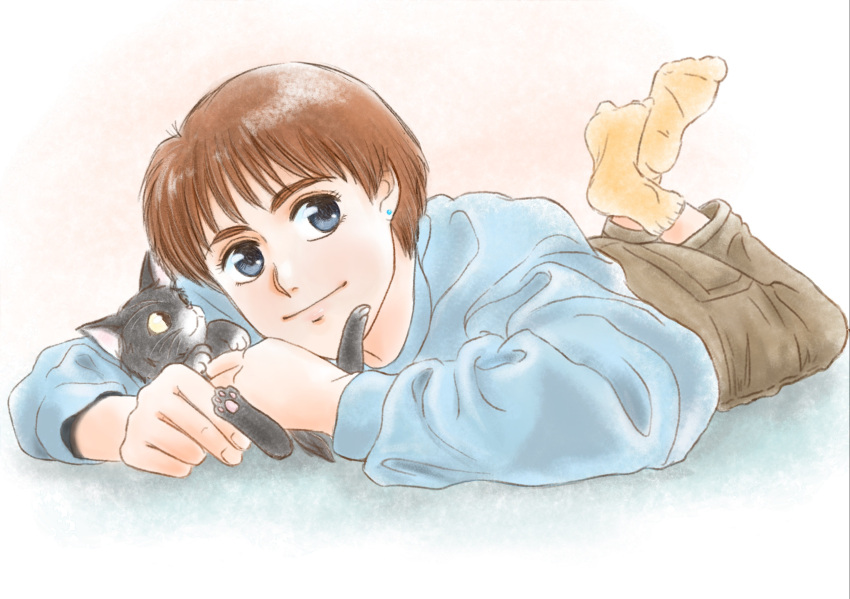 1girl aimigogo alternate_costume birthday blue_eyes bob_cut brown_hair casual cat earrings faux_traditional_media feet_up highres izumi_noa jewelry kidou_keisatsu_patlabor lying on_stomach short_hair smile socks solo stud_earrings