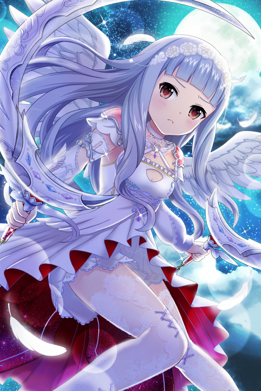 1girl absurdres alternative_girls angel_wings armlet closed_mouth eyebrows_visible_through_hair full_moon hair_ornament highres hiiragi_tsumugi holding holding_weapon jewelry long_hair looking_at_viewer moon night night_sky official_art silver_hair sky solo weapon white_legwear wings