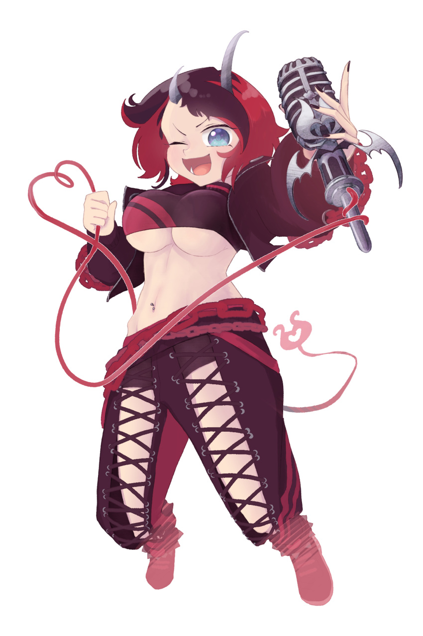 1girl bangs black_footwear black_hair black_jacket black_nails black_pants black_sports_bra blue_eyes breasts chain commentary_request cropped_jacket cross-laced_pants demon_girl demon_horns demon_tail full_body grey_background heart heart_of_string highres holding holding_microphone horns jacket jumping large_breasts looking_at_viewer microphone midriff multicolored_hair nail_polish navel navel_piercing one_eye_closed open_clothes open_jacket open_mouth pants piercing pointy_ears red_pants red_sports_bra redhead ryugasaki_rene shoes short_hair simple_background smile sneakers sobaco solo sports_bra sugar_lyric tail two-tone_hair two-tone_pants under_boob virtual_youtuber zipper