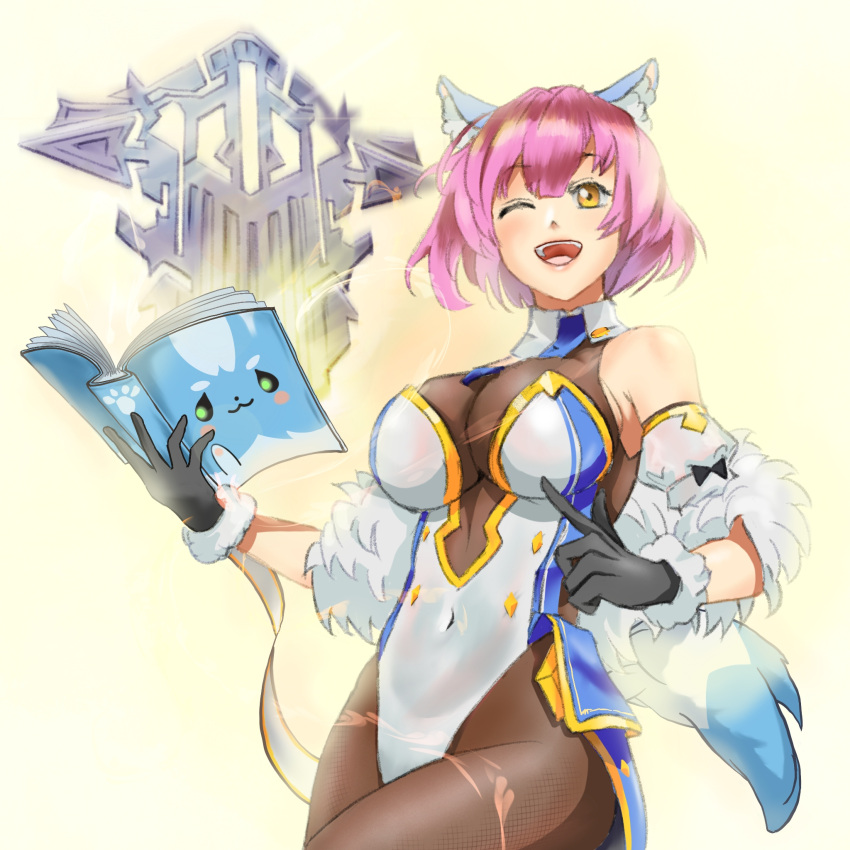 1girl animal_ear_fluff animal_ears arkasus bangs black_gloves blue_necktie bodystocking book english_commentary epic_seven eyebrows_visible_through_hair fur-trimmed_gloves fur_trim gloves highres holding holding_book mercedes_(epic_seven) mercedes_(fluffy_lady)_(epic_seven) necktie one_eye_closed open_mouth pink_hair simple_background smile solo tail tinkst yellow_eyes