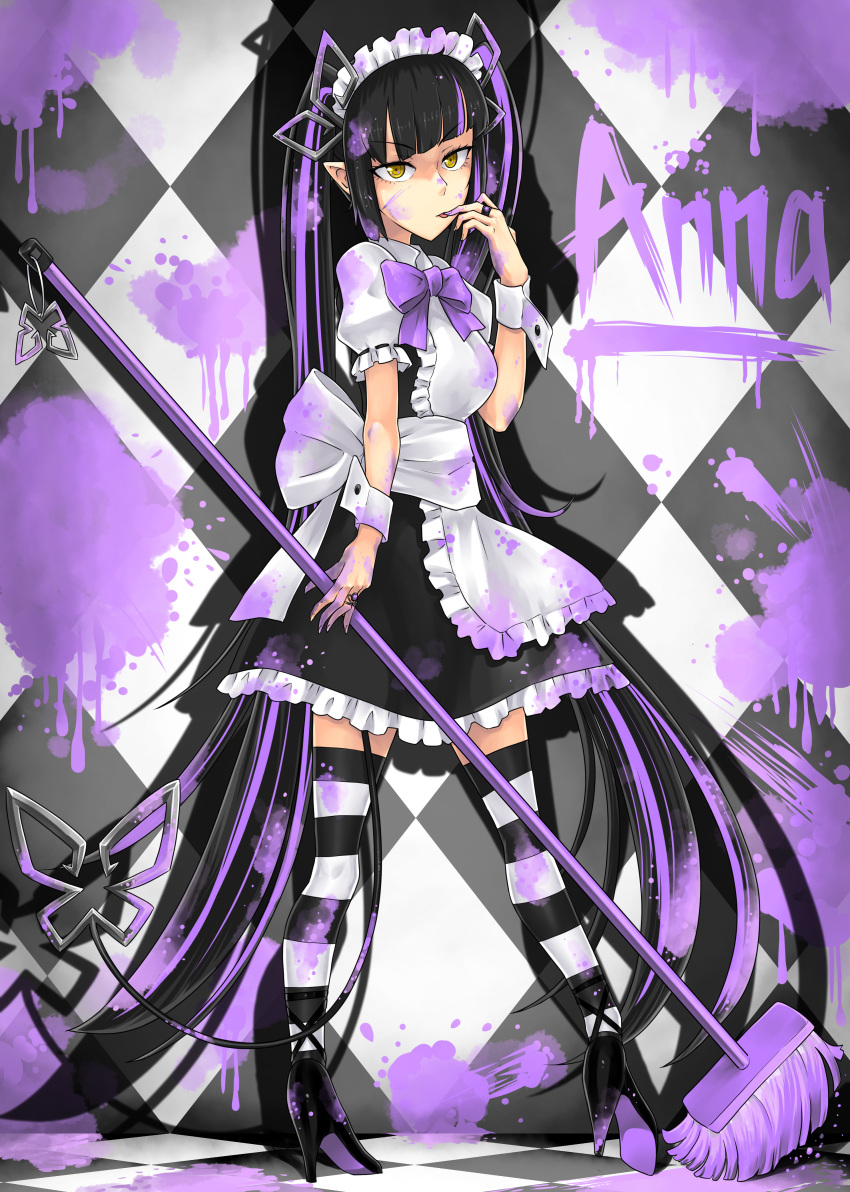 1girl absurdres alternate_costume apron bangs black_dress black_footwear black_hair black_legwear blunt_bangs bow bowtie breasts character_name checkered_background checkered_floor collared_shirt commentary_request demon_girl demon_horns dress engacyo_(engacyo39800yen) enmaided frilled_apron frilled_sleeves frills full_body high_heels highres holding holding_paintbrush horns jewelry kojo_anna licking licking_finger long_hair looking_at_viewer maid maid_apron maid_headdress medium_breasts multicolored_hair open_mouth paint_splatter paintbrush pointy_ears puffy_short_sleeves puffy_sleeves purple_bow purple_bowtie purple_hair ring shirt short_sleeves sleeveless sleeveless_dress solo striped striped_legwear sugar_lyric twintails two-tone_hair very_long_hair virtual_youtuber white_apron white_legwear white_shirt yellow_eyes