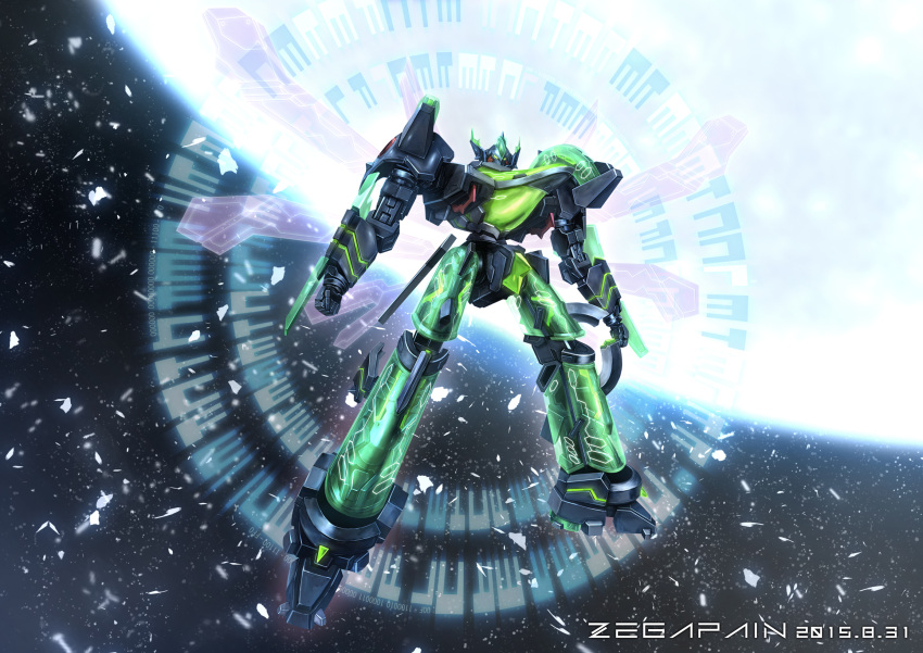 arm_blade clenched_hands copyright_name dated energy_wings floating green_eyes highres looking_at_viewer mecha planet science_fiction solo space weapon yoshinobuta zegapain zegapain_altair