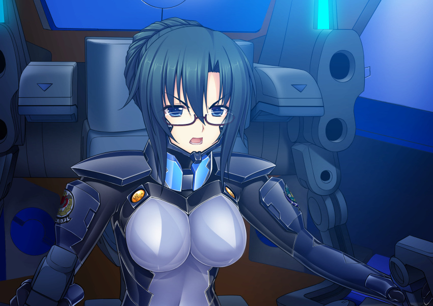 1girl aqua_hair artist_request bangs blue_eyes breasts cockpit eyebrows_visible_through_hair fortified_suit game_cg glasses hair_bun highres komaki_sayoko looking_ahead medium_breasts muvluv muvluv_alternative muvluv_unlimited:_the_day_after official_art open_mouth parted_bangs pilot_suit sitting solo v-shaped_eyebrows