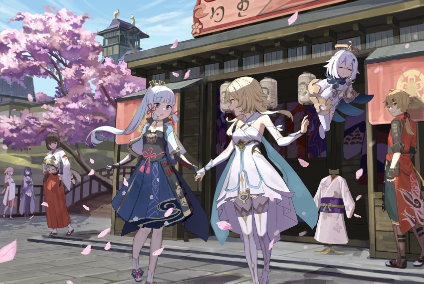 1boy 6+girls :o ^_^ absurdres animal_ears armor blue_sky boots breastplate bug building carrying cherry_blossoms closed_eyes day dress fairy fingerless_gloves firefly full_body genshin_impact gloves hair_ornament halo highres holding_hands hood hoodie japanese_clothes kamisato_ayaka kimono long_sleeves looking_at_another low_ponytail lumine_(genshin_impact) miko multiple_girls open_mouth outdoors paimon_(genshin_impact) petals ponytail raccoon_ears raiden_shogun sayu_(genshin_impact) scenery sen_(sennosenn1127) side_ponytail sky slippers smile standing thigh-highs thoma_(genshin_impact) town tree walking white_dress white_legwear wide_sleeves yae_(genshin_impact) yuri