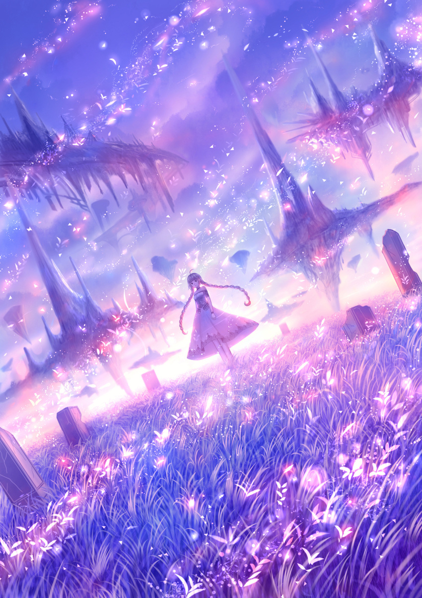 1girl ahoge armlet backlighting bangs bare_shoulders blunt_bangs bracelet braid clouds commentary dark dress dutch_angle fantasy field floating_island grass highres jewelry light_particles long_hair looking_at_viewer original purple_theme sakimori_(hououbds) scenery sky sleeveless sleeveless_dress twin_braids wind