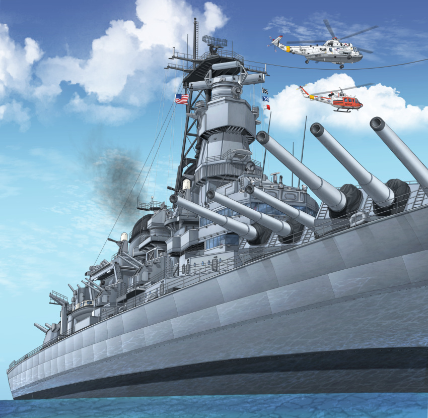 absurdres aircraft american_flag battleship blue_sky clouds cloudy_sky day helicopter highres mikeran_(mikelan) military military_vehicle motion_blur no_humans ocean original outdoors ship sky smoke united_states_navy vehicle_focus vehicle_request warship watercraft