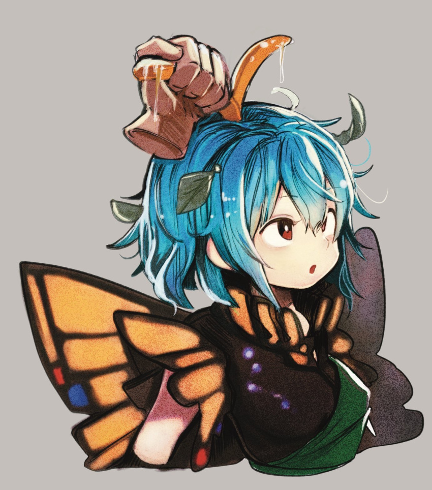 1girl andanon antennae aqua_hair brown_eyes butterfly_wings dress eternity_larva eyebrows_visible_through_hair fairy green_dress grey_background hair_between_eyes hands highres leaf leaf_on_head multicolored_clothes multicolored_dress open_mouth short_hair simple_background single_strap solo touhou wings