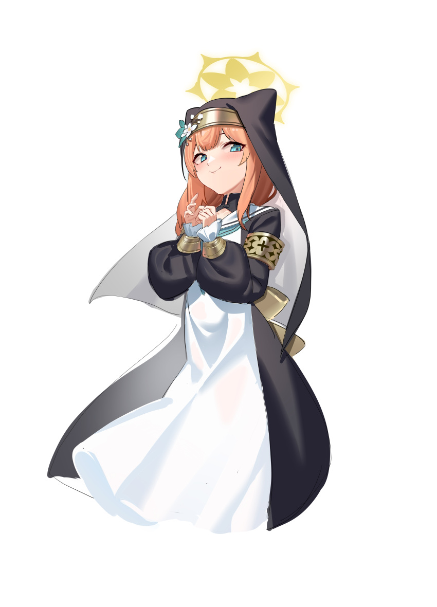 1girl absurdres animal_ears bangs black_dress blue_archive blue_eyes blush brown_hair closed_mouth doufu_(pixiv9093484) dress eyebrows_behind_hair fake_animal_ears flower habit halo hands_up highres long_sleeves looking_at_viewer mari_(blue_archive) nun puffy_long_sleeves puffy_sleeves simple_background sleeves_past_wrists smile solo veil white_background white_flower