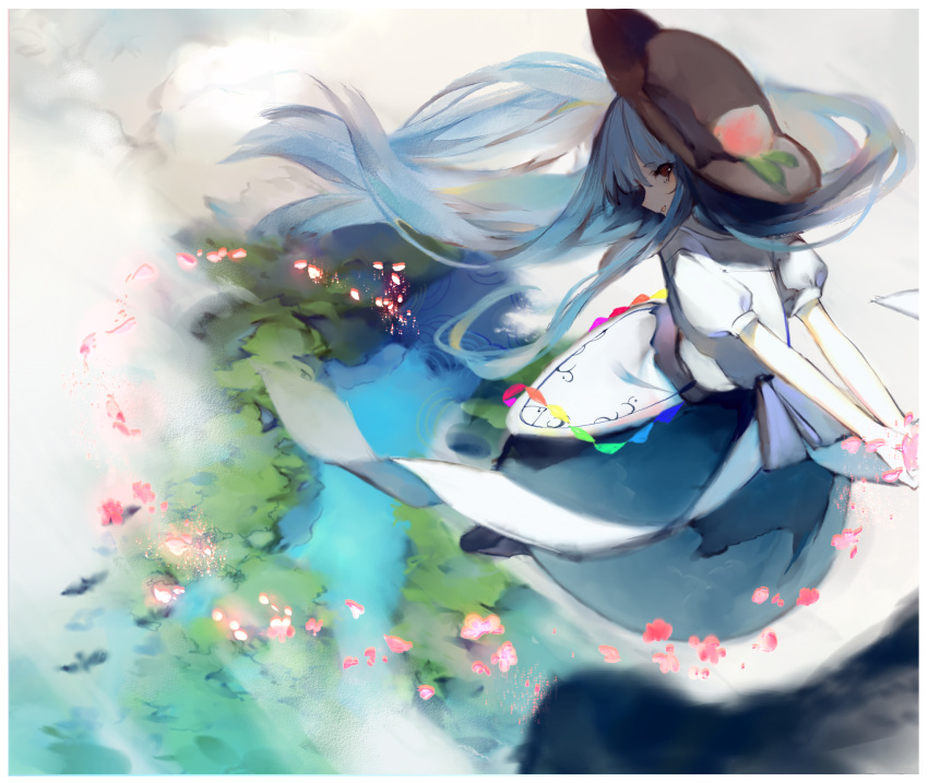 1girl arms_behind_back black_headwear blue_hair border chinese_commentary floating food fruit hat highres hinanawi_tenshi long_hair long_skirt looking_back open_mouth peach puffy_short_sleeves puffy_sleeves rainbow_order red_eyes river shirt short_sleeves skirt solo touhou white_border white_shirt wind zhixie_jiaobu