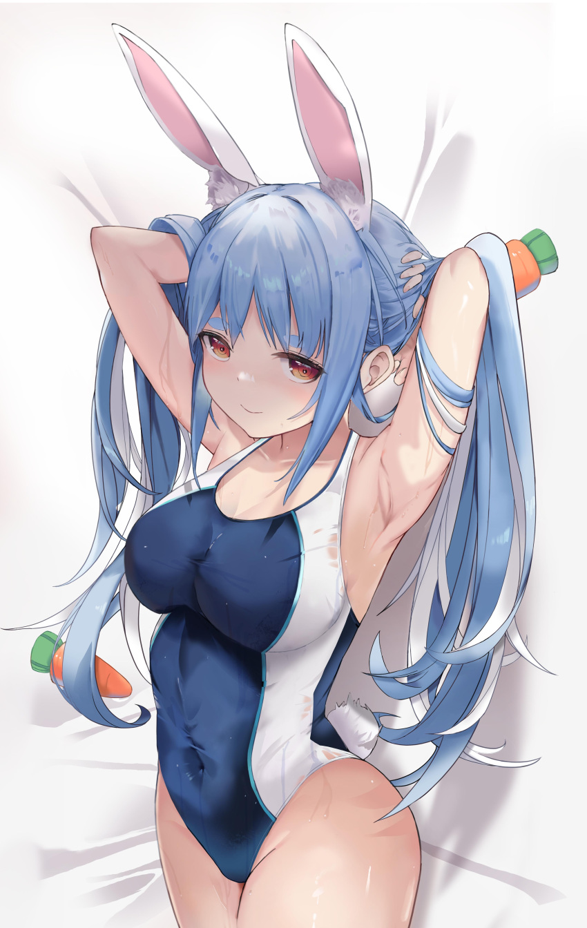 1girl absurdres animal_ears armpits black_swimsuit blue_hair breasts brown_eyes carrot_hair_ornament competition_swimsuit covered_navel cowboy_shot food-themed_hair_ornament hair_ornament highres hololive large_breasts long_hair multicolored_hair na_(estrn) one-piece_swimsuit orange_eyes rabbit_ears rabbit_tail short_eyebrows solo swimsuit tail thick_eyebrows twintails two-tone_hair usada_pekora white_hair