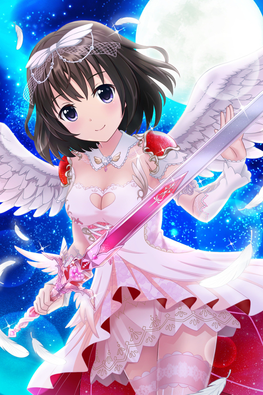 1girl absurdres alternative_girls angel_wings armlet asahina_nono brown_hair choker closed_mouth dress eyebrows_visible_through_hair full_moon hair_ornament heart heart_choker highres holding holding_weapon jewelry looking_at_viewer moon night night_sky official_art short_hair sky smile solo violet_eyes weapon white_dress wings