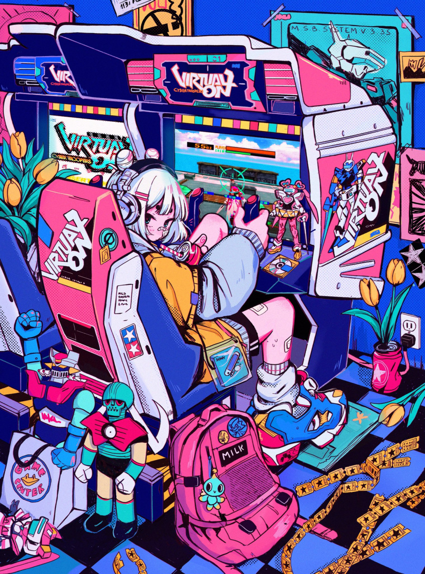 1girl arcade bag bandages bookbag chair controller crisalys english_commentary fei-yen flower gaming_chair highres indoors joystick looking_at_viewer macross original sitting sonic_the_hedgehog ticket toy voltron_(mecha)