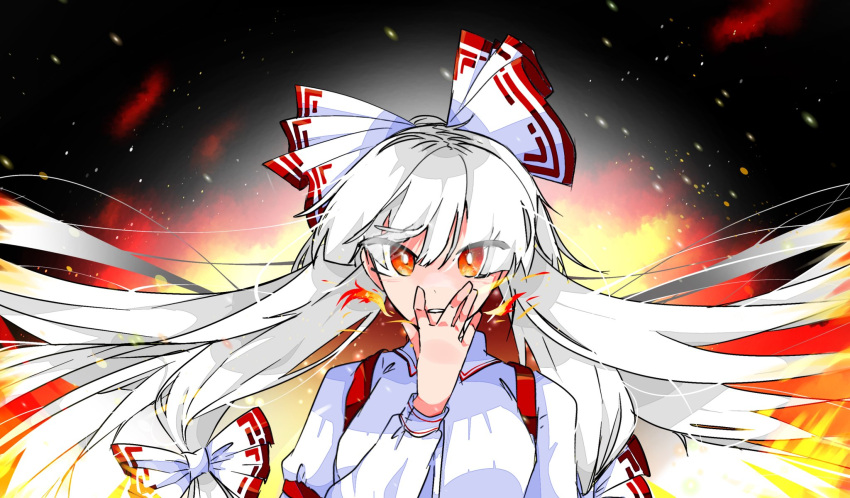 1girl bow embers fire fujiwara_no_mokou hair_bow hand_on_own_face highres hime_cut long_hair long_sleeves looking_at_viewer red_eyes solo suspenders touhou upper_body very_long_hair wakame_495 white_hair
