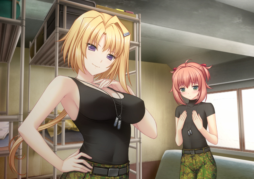 2girls bed black_shirt black_tank_top breast_envy breasts bunk_bed camouflage camouflage_pants covered_nipples dog_tags ellen_aice flat_chest game_cg green_eyes hair_intakes hands_on_own_chest highres large_breasts looking_at_viewer looking_down low_ponytail miono_shizuku multiple_girls muvluv muvluv_alternative muvluv_unlimited:_the_day_after official_art pants pink_hair sayori_(neko_works) shirt shirt_tucked_in small_breasts smile tank_top two_side_up violet_eyes