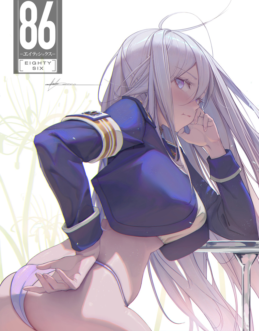 1girl 86_-eightysix- absurdres antenna_hair arm_support bingwei_huang blue_jacket blush closed_mouth cropped_jacket grey_eyes grey_hair hand_on_own_cheek hand_on_own_face high_collar highres jacket long_hair long_sleeves military military_uniform panties pout purple_panties silver_hair table underwear uniform vladilena_millize white_background