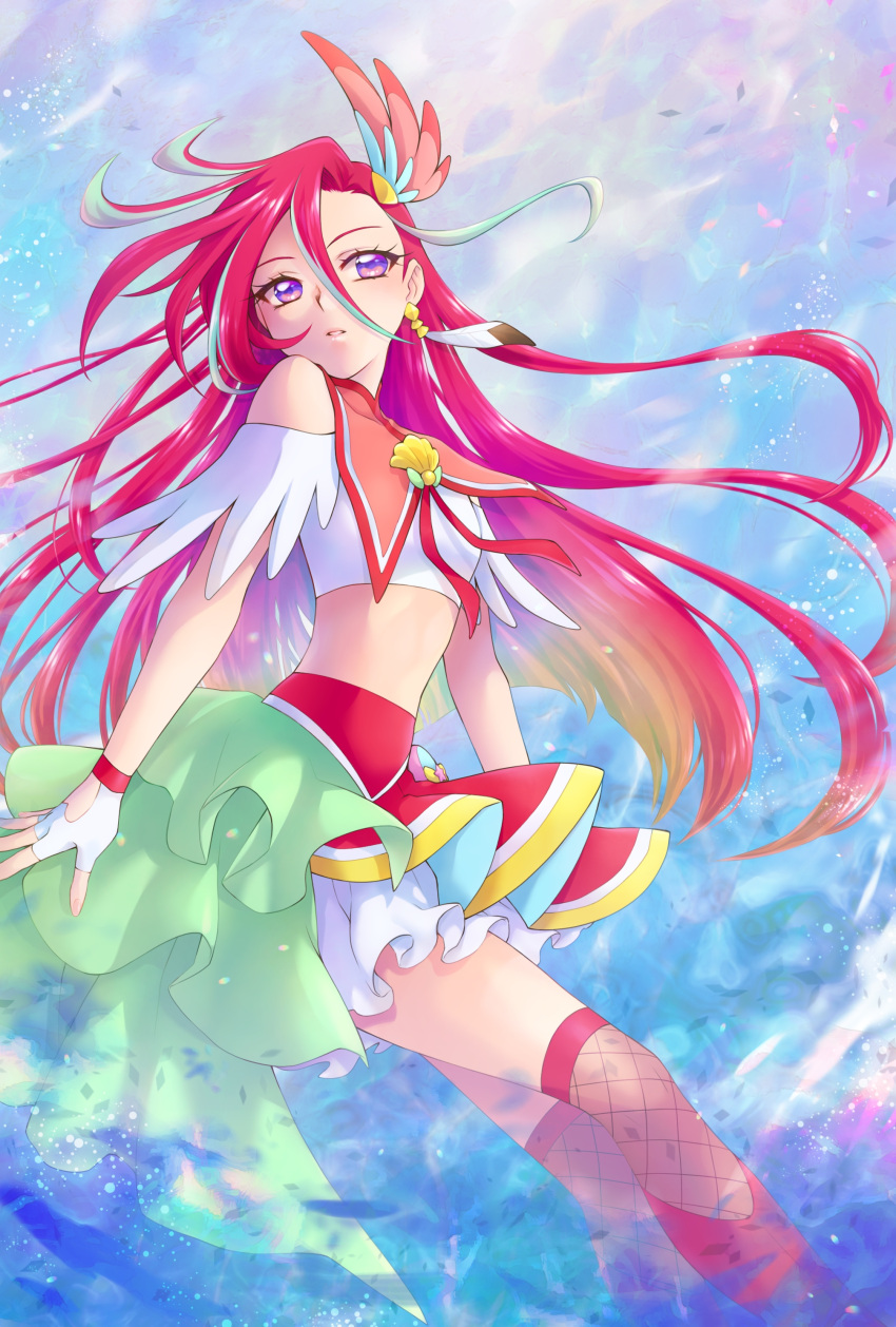 1girl absurdres aizen_(syoshiyuki) aqua_hair boots crop_top cure_flamingo earrings feather_earrings feathers feet_out_of_frame fingerless_gloves fishnet_legwear fishnets gloves hair_ornament heart heart_in_eye highres jewelry knee_boots layered_skirt long_hair looking_at_viewer magical_girl multicolored_eyes multicolored_hair parted_lips pink_eyes pouch precure red_footwear red_skirt redhead single_earring skirt solo streaked_hair symbol_in_eye takizawa_asuka thigh-highs tropical-rouge!_precure violet_eyes white_gloves