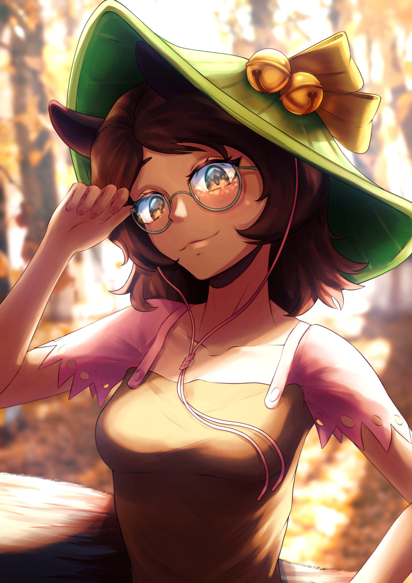 1girl :3 absurdres animal_ears bangs brown_eyes brown_hair brown_shirt futatsuiwa_mamizou glasses highres holding holding_eyewear jackm-art leaf leaf_on_head outdoors raccoon_ears raccoon_girl raccoon_tail shadow shirt short_hair short_sleeves smile solo tail touhou tree