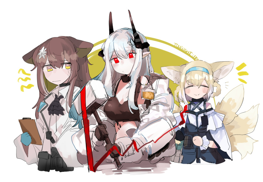 3girls absurdres animal_ears arknights ascot bangs blush cat_ears cat_girl closed_eyes closed_mouth crop_top demon_girl demon_horns elite_ii_(arknights) folinic_(arknights) fox_ears fox_girl fox_tail gloves hairband highres holding holding_weapon horns infection_monitor_(arknights) long_hair mudrock_(arknights) multiple_girls multiple_tails odmised off_shoulder oripathy_lesion_(arknights) pointy_ears red_eyes smile suzuran_(arknights) sweatdrop tail war_hammer weapon yellow_eyes