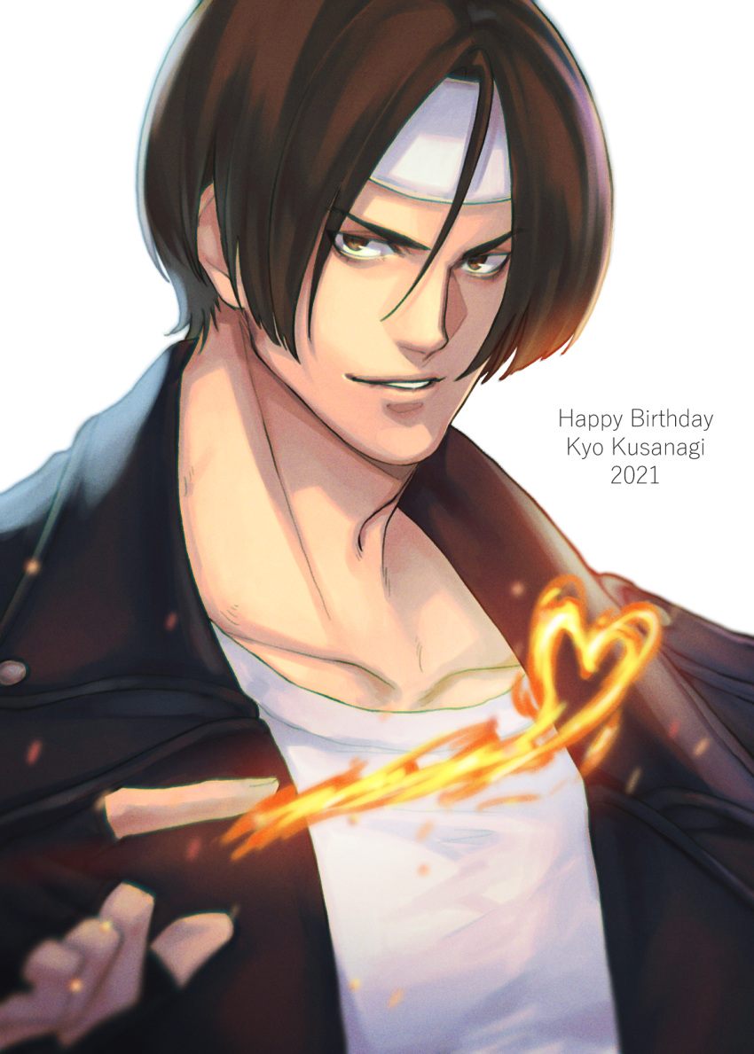1boy black_gloves black_jacket blurry brown_eyes brown_hair character_name collarbone commentary depth_of_field english_commentary english_text eyebrows_visible_through_hair fingerless_gloves fire gloves hair_between_eyes happy_birthday headband highres jacket kthovhinao_virmi kusanagi_kyou male_focus open_clothes open_jacket parted_lips pyrokinesis shirt short_hair simple_background smirk solo the_king_of_fighters the_king_of_fighters_xv upper_body white_background white_headband white_shirt