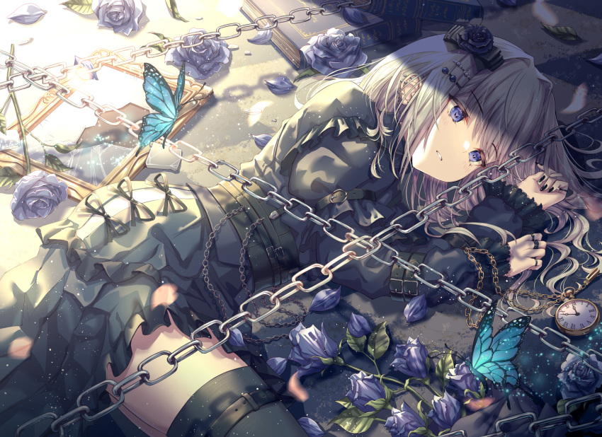 1girl bangs belt black_belt black_dress black_legwear black_nails blue_butterfly blue_eyes blue_flower blue_rose broken_glass bug butterfly chain commentary dress eyebrows_visible_through_hair flower glass hair_ornament hairclip highres hirokazu_(analysis-depth) jewelry layered_sleeves leaf light_blush light_particles long_hair long_sleeves looking_away multiple_rings nail_polish original parted_lips petals picture_frame puffy_short_sleeves puffy_sleeves ring rose short_over_long_sleeves short_sleeves silver_hair solo sunlight thigh-highs