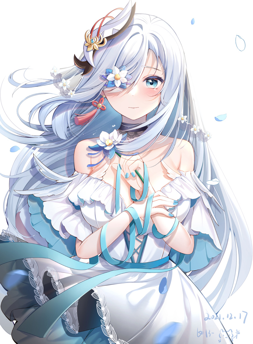 1girl bare_shoulders blue_eyes blue_hair blue_ribbon breasts bride choker cowboy_shot cross-laced_clothes dress earrings flower flower_over_eye genshin_impact hair_ornament hair_over_one_eye hands_up highres holding holding_flower jewelry long_hair looking_at_viewer miaogujun mini_wings nail_polish off-shoulder_dress off_shoulder one_eye_closed petals ribbon sash see-through shenhe_(genshin_impact) silver_hair simple_background smile solo tassel tassel_earrings tears two-sided_dress two-sided_fabric veil white_background white_dress white_flower wind wind_lift wings