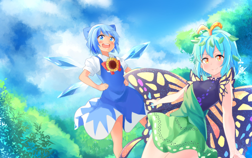 2girls antennae aqua_hair blue_bow blue_dress blue_eyes blue_hair blush bow butterfly_wings cirno closed_mouth collared_shirt day dress eternity_larva eyebrows_visible_through_hair fairy flower green_dress hair_between_eyes hair_bow ice ice_wings leaf leaf_on_head multicolored_clothes multicolored_dress multiple_girls nagomian open_mouth orange_eyes puffy_short_sleeves puffy_sleeves round_teeth shirt short_hair short_sleeves single_strap smile sunflower tanned_cirno teeth touhou upper_teeth white_shirt wings