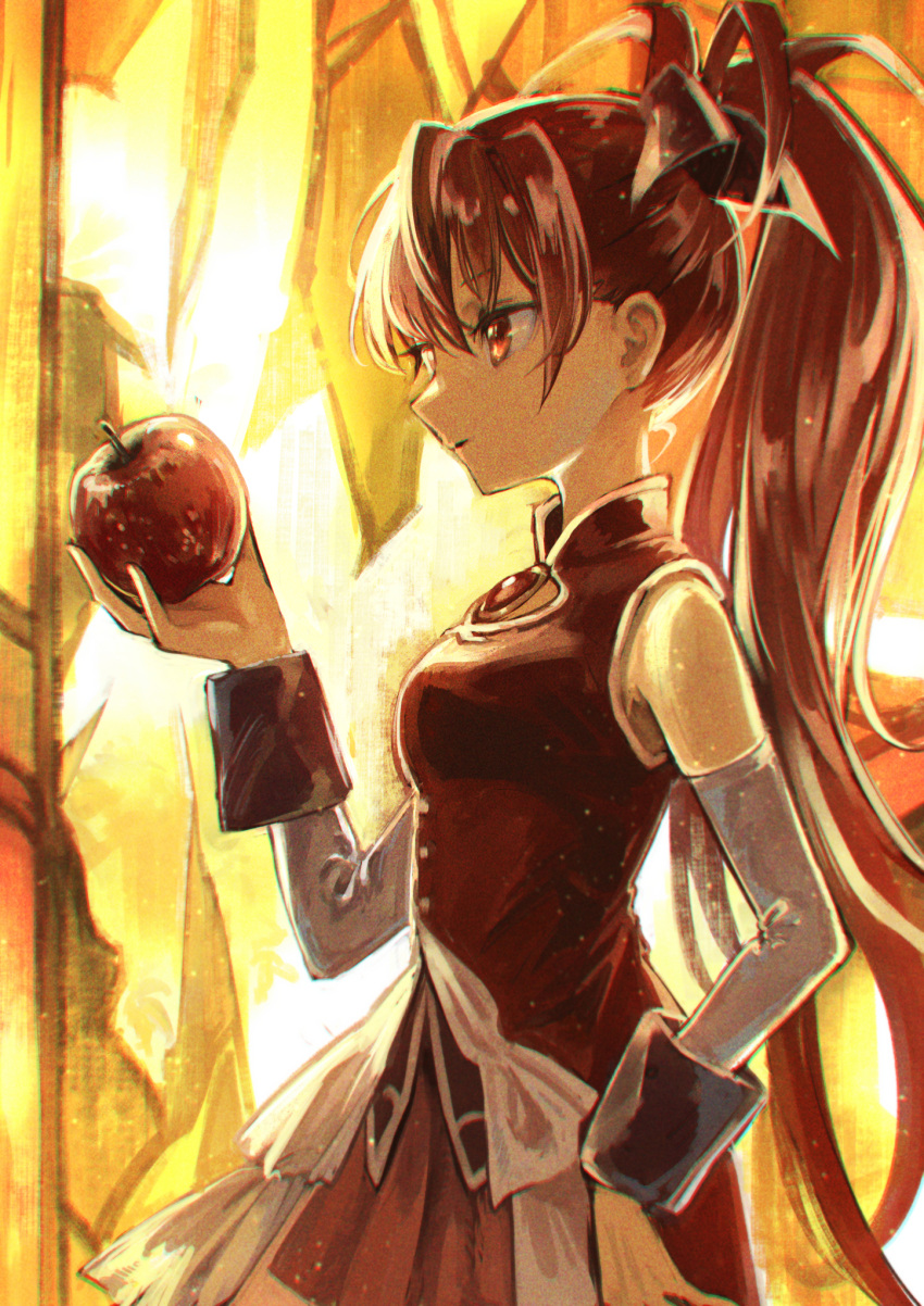 1girl apple breasts brown_hair closed_mouth detached_sleeves food from_side fruit grey_sleeves high_ponytail highres holding holding_food holding_fruit jacket long_hair long_sleeves mahou_shoujo_madoka_magica marutani medium_breasts miniskirt pink_skirt pleated_skirt red_eyes red_jacket sakura_kyouko shiny shiny_hair skirt sleeveless sleeveless_jacket solo stained_glass standing very_long_hair