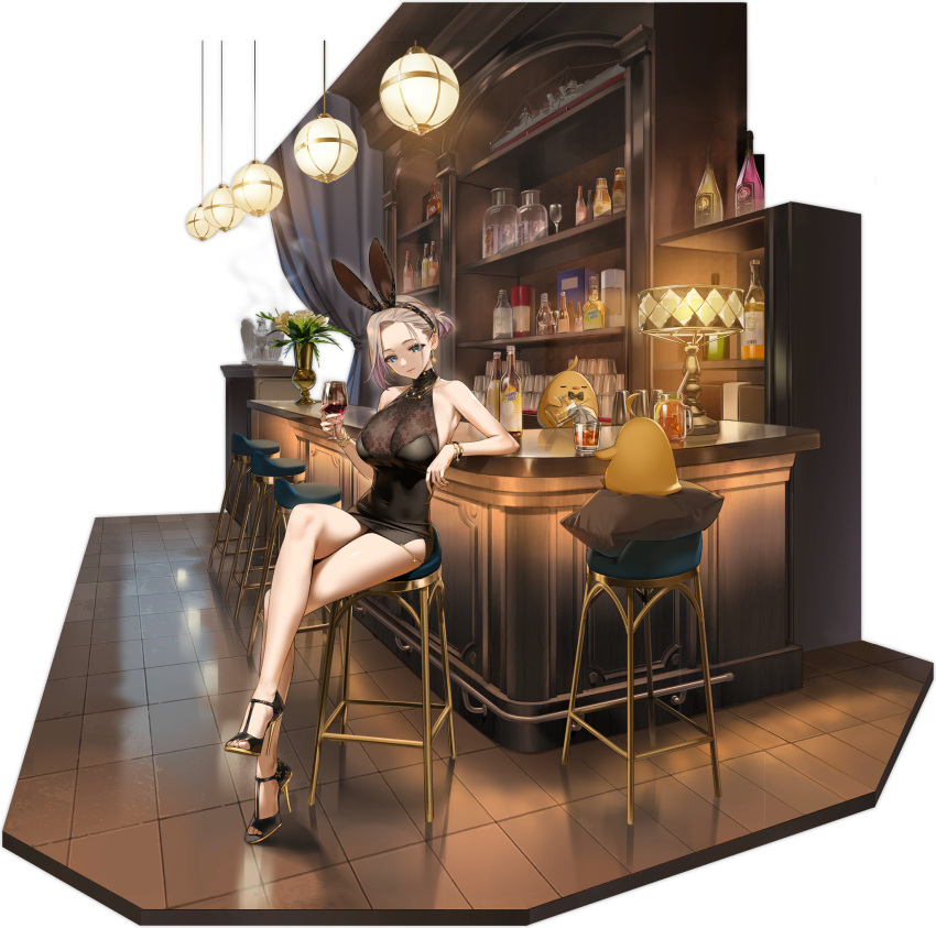 1girl alcohol animal_ears azur_lane blue_eyes bracelet breasts brown_hair crossed_legs cup drinking_glass high_heels highres holding holding_cup jewelry large_breasts looking_at_viewer manjuu_(azur_lane) new_orleans_(azur_lane) new_orleans_(evening_agricole)_(azur_lane) official_alternate_costume official_art playboy_bunny rabbit_ears sitting smile transparent_background under_boob wine wine_glass yd_(orange_maru)