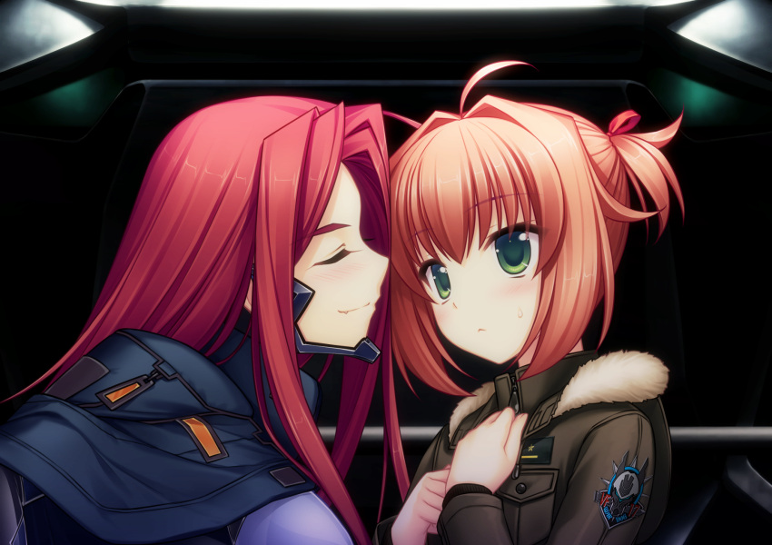 2girls artist_request bangs blue_jacket blush brown_jacket closed_eyes eyebrows_visible_through_hair fang fang_out fortified_suit fur_trim game_cg green_eyes hair_intakes highres jacket jacket_on_shoulders long_hair miono_shizuku multiple_girls muvluv muvluv_alternative muvluv_unlimited:_the_day_after official_art oogami_ritsuko pilot_suit pink_hair redhead short_hair smelling smile two_side_up