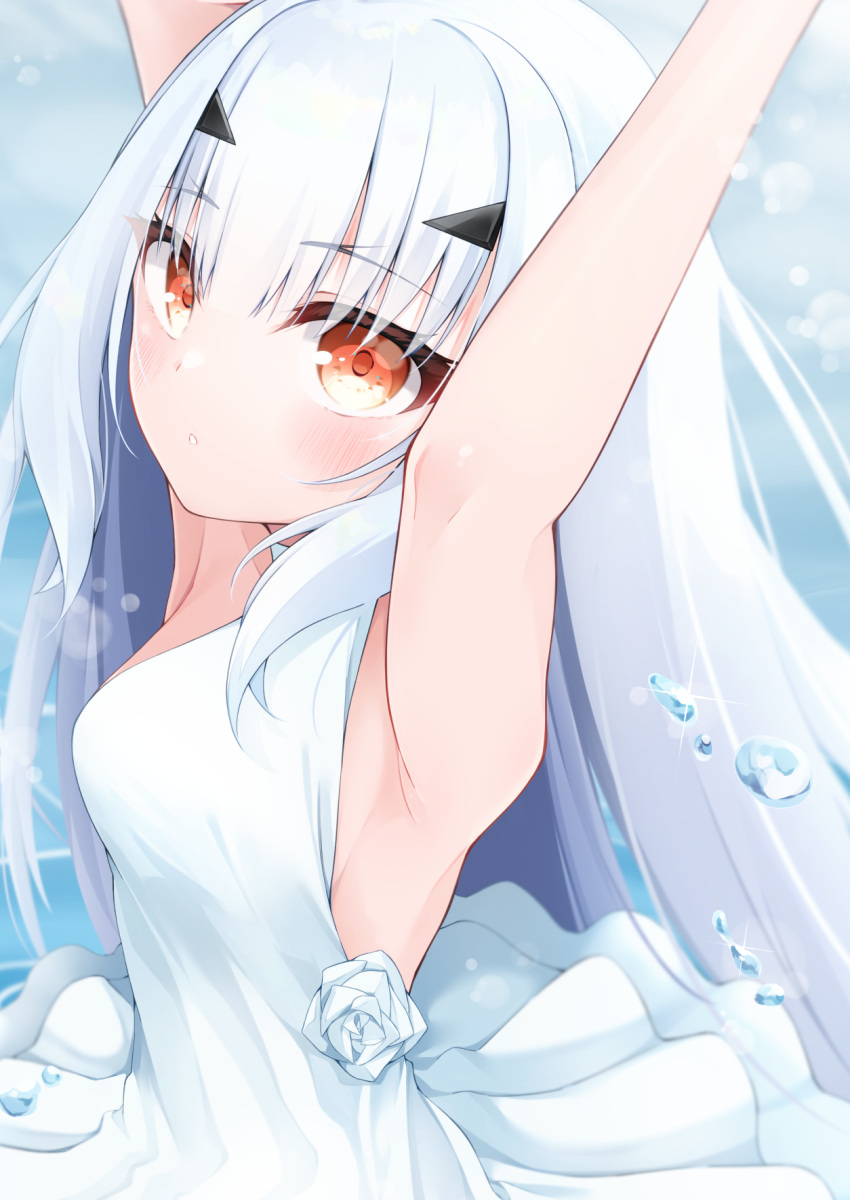 1girl :o armpits arms_up bangs bare_shoulders breasts commentary_request dress eyebrows_visible_through_hair fairy_knight_lancelot_(fate) fate/grand_order fate_(series) flower hair_between_eyes hair_ornament hairclip highres hijouguti long_hair looking_at_viewer parted_lips pleated_dress red_eyes rose sleeveless sleeveless_dress small_breasts solo very_long_hair white_dress white_flower white_hair white_rose