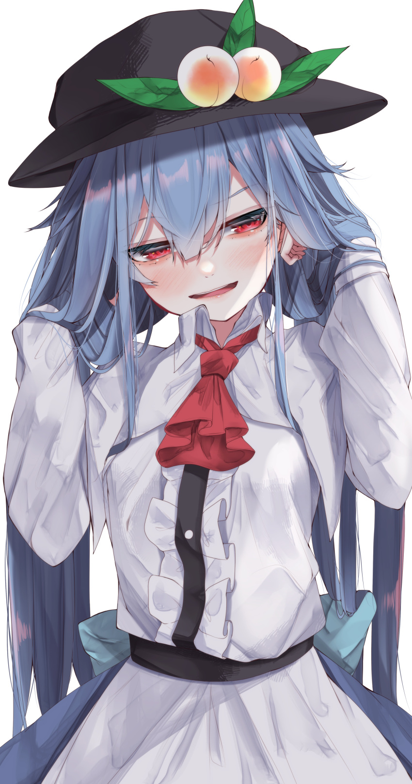 1girl absurdres ascot back_bow bangs black_headwear blue_hair blue_sash blush bow breasts buttons center_frills collared_shirt frills fruit_hat_ornament hair_between_eyes hands_in_hair highres hinanawi_tenshi leaf lips long_hair long_sleeves looking_at_viewer nostrils open_mouth peach_hat_ornament red_ascot red_eyes red_neckwear sash shiny shiny_hair shirt sidelocks simple_background small_breasts solo standing touhou tsune_(tune) very_long_hair white_background white_shirt wing_collar