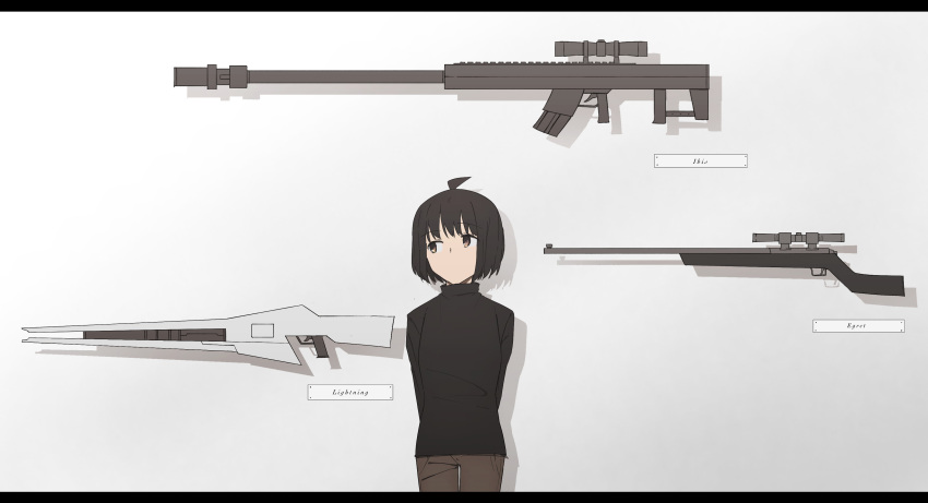 1girl absurdres ahoge amatori_chika arms_behind_back bangs black_sweater bob_cut brown_pants cowboy_shot drop_shadow english_text gun highres letterboxed long_sleeves looking_away looking_to_the_side pants rifle short_hair simple_background sniper_rifle solo somori standing sweater turtleneck turtleneck_sweater weapon white_background world_trigger