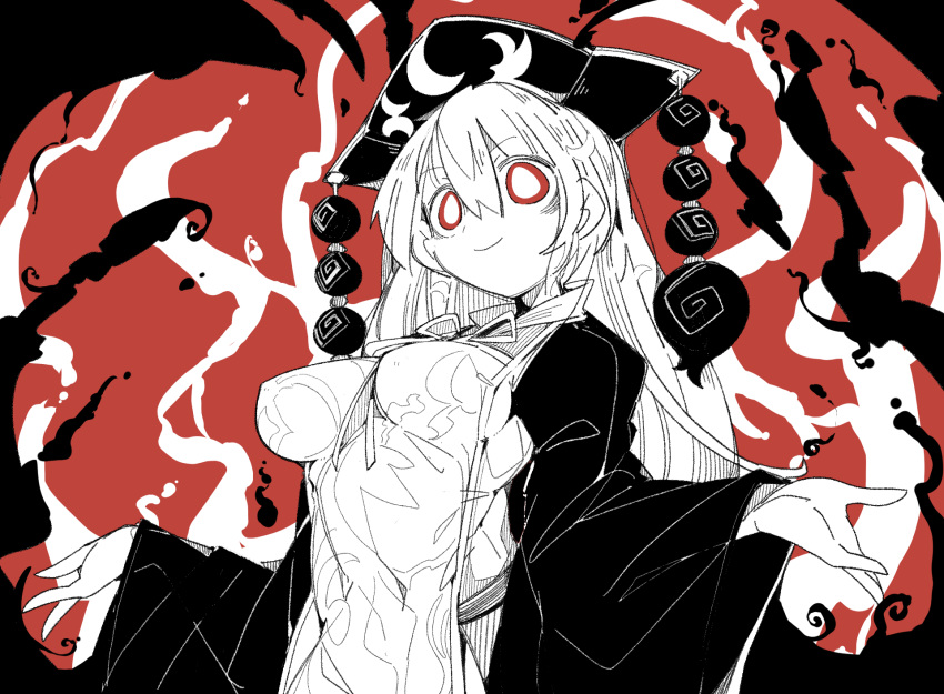 1girl aura black_headwear breasts chinese_clothes closed_mouth crazy_smile eyebrows_visible_through_hair hair_between_eyes highres junko_(touhou) large_breasts long_hair long_sleeves massakasama phoenix_crown red_eyes solo spot_color tabard touhou upper_body wide_sleeves
