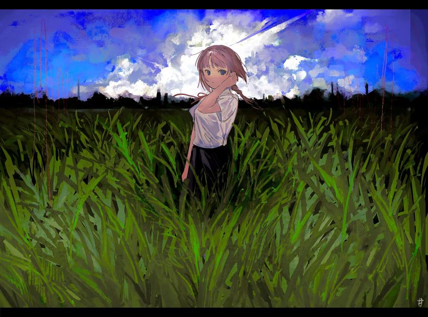 1girl absurdres arm_at_side black_skirt blue_eyes blue_sky braid clouds day grass hand_up highres isomu original outdoors ribbon shirt sketch skirt sky solo standing white_shirt