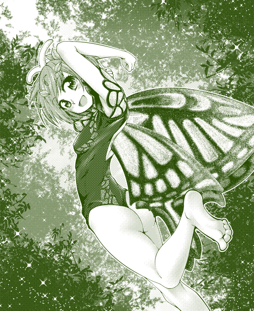 0-den 1girl antennae ass bare_legs barefoot blush butterfly_wings dress eternity_larva eyebrows_visible_through_hair fairy highres leaf leaf_on_head looking_at_viewer monochrome multicolored_clothes multicolored_dress open_mouth short_hair smile solo touhou wings