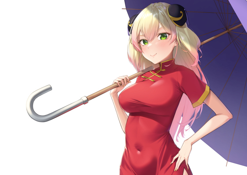 1girl bangs blonde_hair blush bun_cover china_dress chinese_clothes closed_mouth commentary covered_navel double_bun dress english_commentary gradient_hair green_eyes hair_between_eyes hand_on_hip highres holding holding_umbrella hololive impossible_clothes impossible_dress long_hair looking_at_viewer momosuzu_nene multicolored_hair pink_hair red_dress short_sleeves silver_tokki simple_background skin_tight smile solo taut_clothes taut_dress two-tone_hair umbrella virtual_youtuber white_background