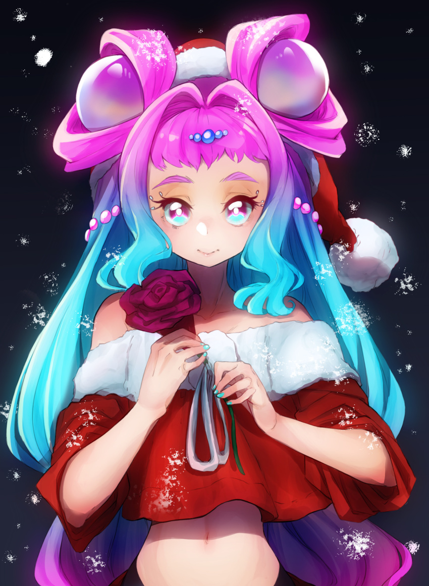 1girl bare_shoulders black_background blue_eyes blue_hair blue_nails christmas closed_mouth collarbone cure_la_mer double_bun eyelash_ornament eyelashes fingernails flower gradient_hair hair_intakes hat heart heart_in_eye highres holding holding_flower laura_la_mer long_hair looking_at_viewer magical_girl midriff multicolored_eyes multicolored_hair navel pearl_hair_ornament precure purple_flower purple_hair purple_rose red_headwear rikito1087 rose santa_hat smile snowing solo symbol_in_eye thick_eyebrows tropical-rouge!_precure violet_eyes